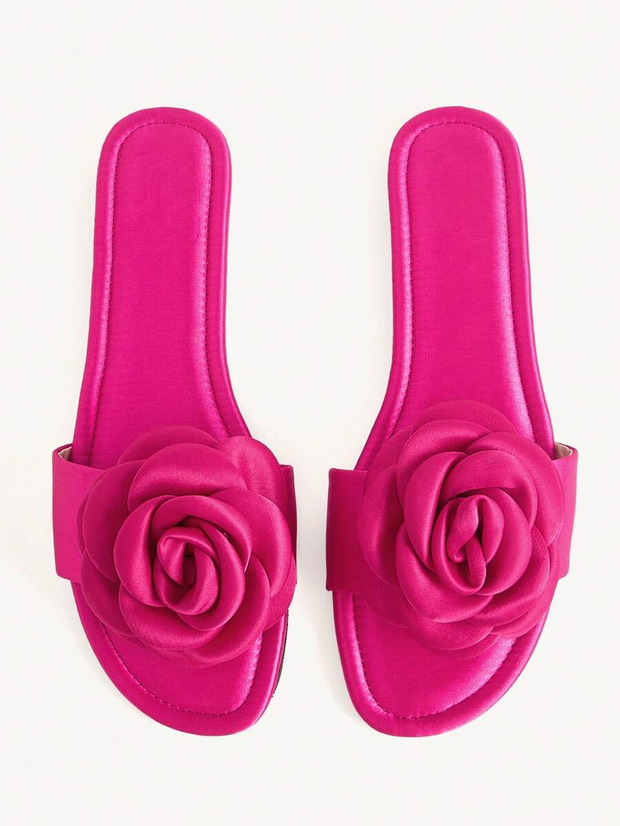 CUCCOO CHICEST Women's Shoes Round Toe Spring And Summer New Rose Red Satin Flower Decoration Elegant Wear Dating Shoes Flat Sandals - Hot Pink - View 1