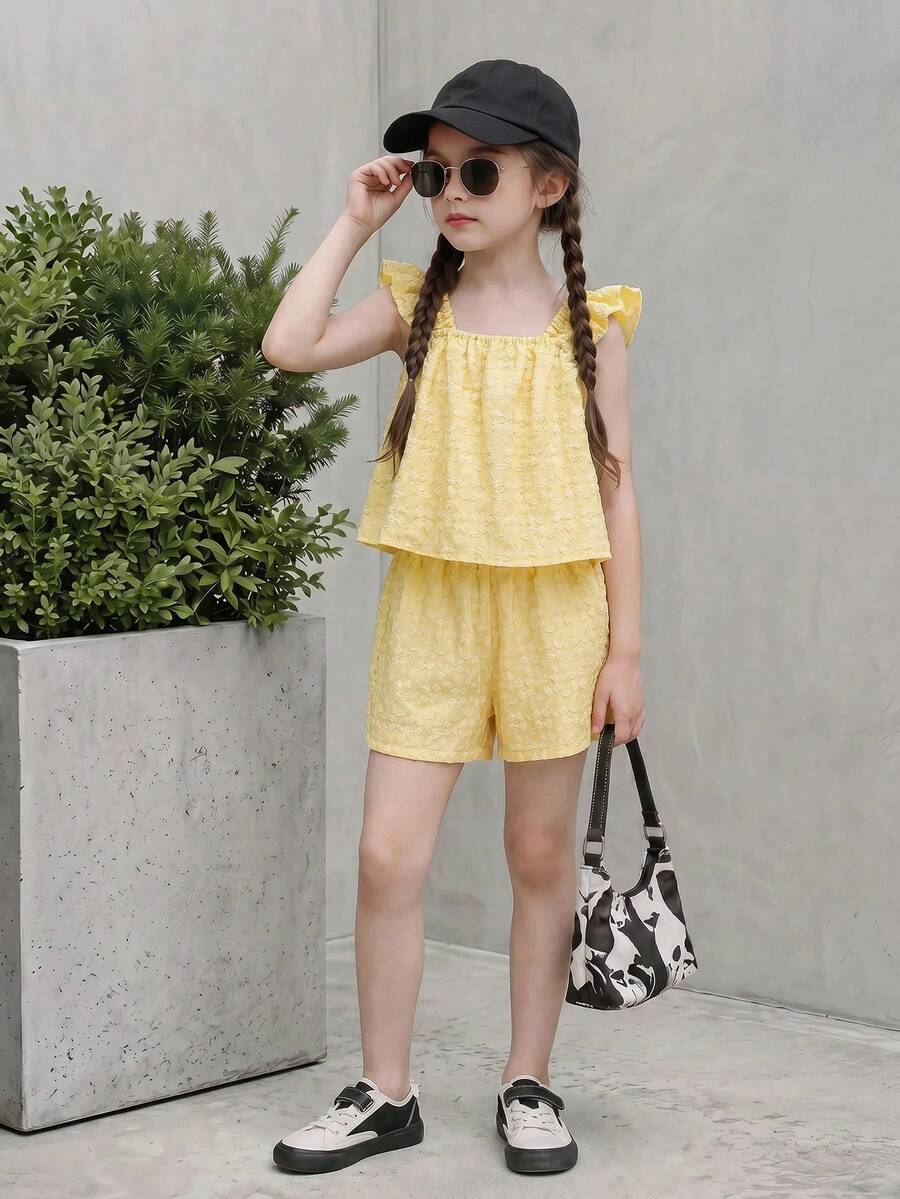 Casuvi Kids 少女清新亮丽的奶油黄方领短袖提花背心短裤两件套,甜美百搭休闲装 - 黃色 - 查看 1