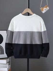 SHEIN 青少年男孩時尚拼色紋理長袖針織衫，學院風 - 白色 - 查看 2
