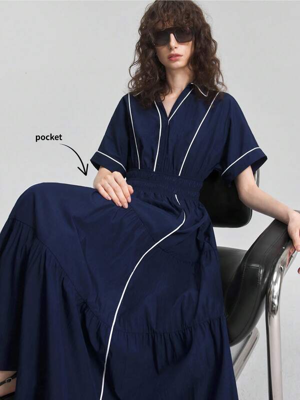 Ontre Women's Navy Blue And White Morandi Color Old Money Style Wedding Guest Attire Minimalist French Elegant Long Dress Teachers' Day Brunch Summer