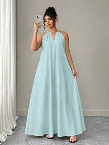 Elenzga Vestido holgado de cuello halter con abertura en forma de cerradura de unicolor para mujer de talla grande - Azul menta - Ver 1