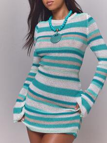 MUSERA Multi Colour Stripe Open Tie Back Long Sleeve Knitted Mini Dress Sexy Cute Spring Summer Holiday Vacation Going Out Girly Cool Girl Late Checkout - Green - View 5