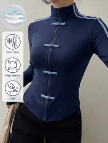 Muchica Cárdigan de mujer de punto estilo deportivo nuevo para primavera/verano, fino, con protección solar, diseño con cinta y botones de rana - Azul Marino - Ver 6