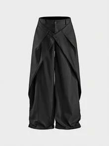 AXEPEAK Pantalones anchos de pierna suelta con diseño deconstruido de unicolor para hombres - Negro - Ver 3