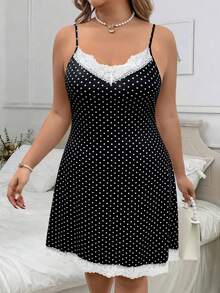 EMERY ROSE Plus Size Summer Casual Lace Patchwork Polka Dot Print Cami Dress - Multicolor - View 3