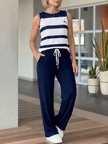 EMERY ROSE Conjunto de top sin mangas de cuello redondo con estampado a rayas y pantalones de chándal para mujeres de mediana edad y mayores - Multicolor - Ver 4