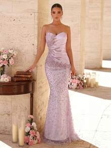 Glamrae Elegantes luxuriöses trägerloses Meerjungfrau-Kleid aus elastischem Strick mit Perlen, Pailletten, 3D-Blumenstickerei und Patchwork-Stoff, sexy, für Hochzeitsveranstaltungen, Junggesellinnenabschied, Urlaub, Abschlussball und Abendgala (Stil mit aufwendiger Verarbeitung) - Pink - Übersicht 7