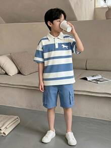 SHEIN Casuvi Kids 男童春夏短袖Polo衫和长裤两件套，时尚针织条纹动物纹印花，休闲舒适大口袋长裤，百搭户外服装 - 彩色 - 查看 1