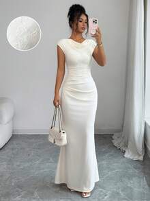 Elenzga Elegant Asymmetrical One-Shoulder Lace Patchwork Waist-Cinched Long Mermaid Dress For Women - White - View 3