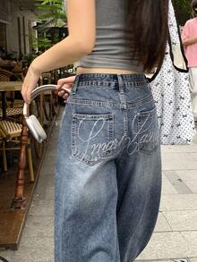 Livesso Petite Women's Pocket Button Casual Versatile Daily Outing Wide Leg Jeans ,Petite Women - Blue - View 7