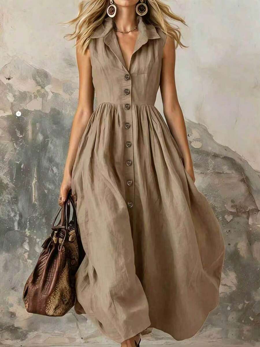Zayélia 女款畢業禮服時尚純色洋裝,優雅設計搭配前扣細節,適合海灘、約會、外出與日常通勤 - 卡其色 - 查看 1