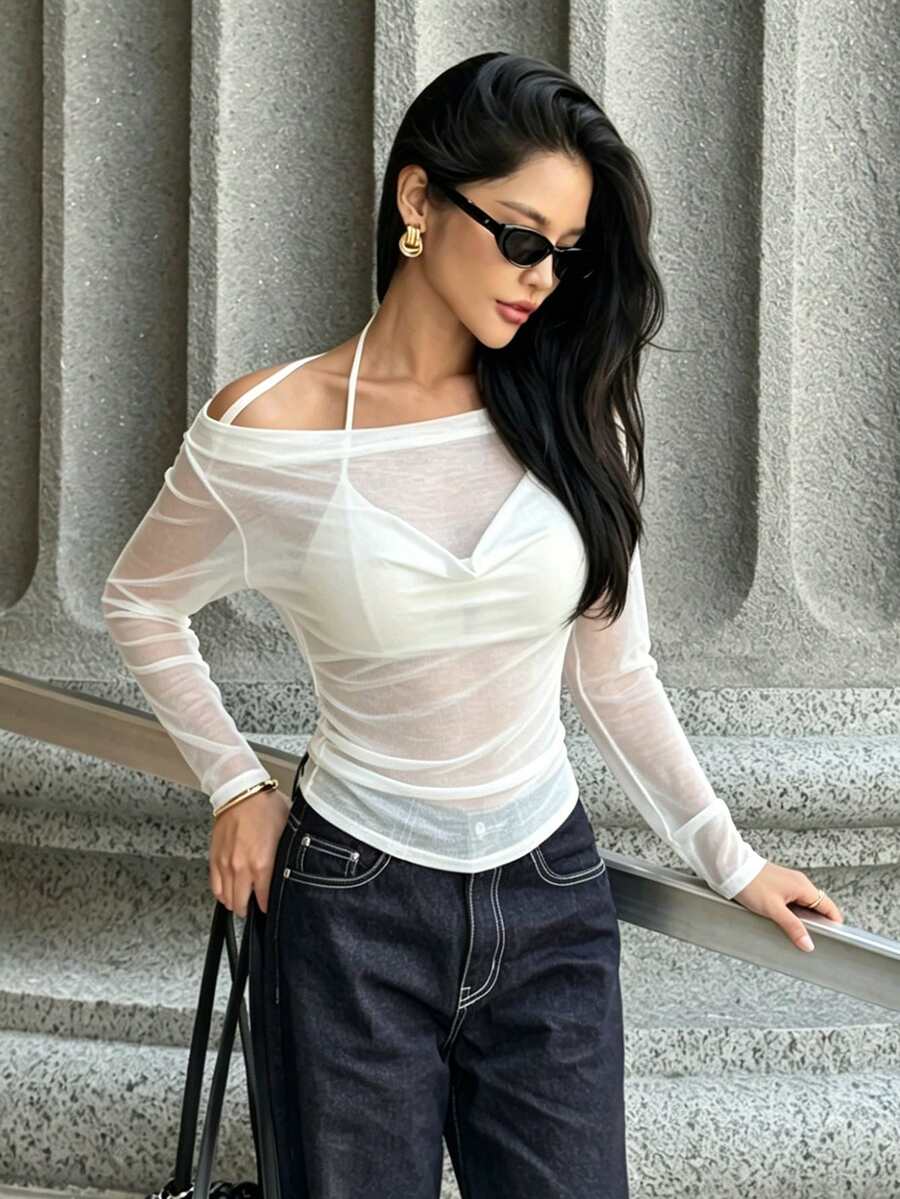 Yunfilé 女士优雅时尚通勤休闲舒适迷人复古简约高端浪漫假日日常温柔约会纯色中袖吊带斜肩深V领系带修身针织上衣T恤 - 白色 - 查看 1