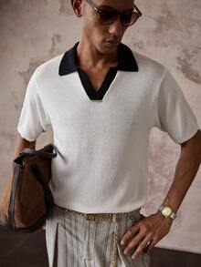 HIMLAND Men's Contrast Collar Short Sleeve Knit Top - Black and White - View 5