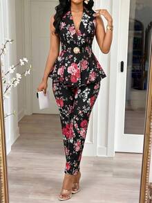 SHEIN Lady Plus Size Women's Floral Print Waist Metal Single Button Sleeveless Jacket And Pants Elegant Suit Set Formal Party Black And Gold Summer - Black - View 1