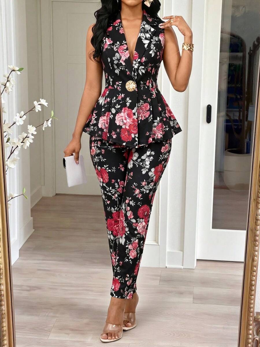 SHEIN Lady Plus Size Women's Floral Print Waist Metal Single Button Sleeveless Jacket And Pants Elegant Suit Set Formal Party Black And Gold Summer - Black - View 1
