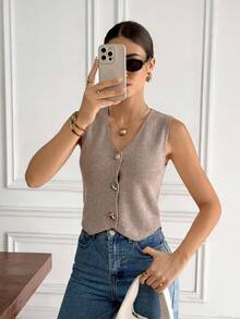 Serisse Casual Versatile Solid Color Knit Vest - Khaki - View 7
