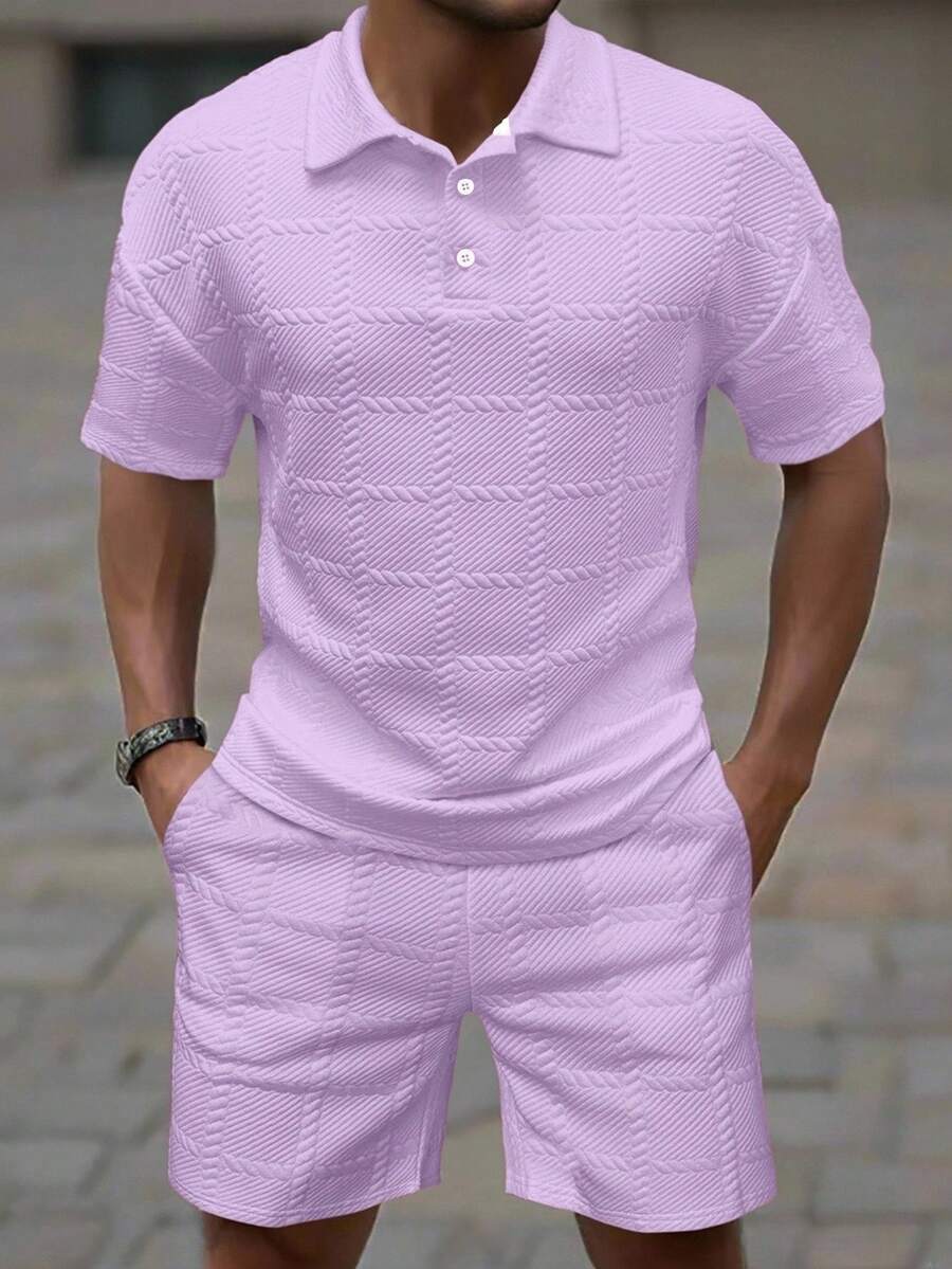 Manfinity Homme 男士紋理短袖 Polo 衫與短褲休閒套裝(隨機剪裁) - 紫色 - 查看 1