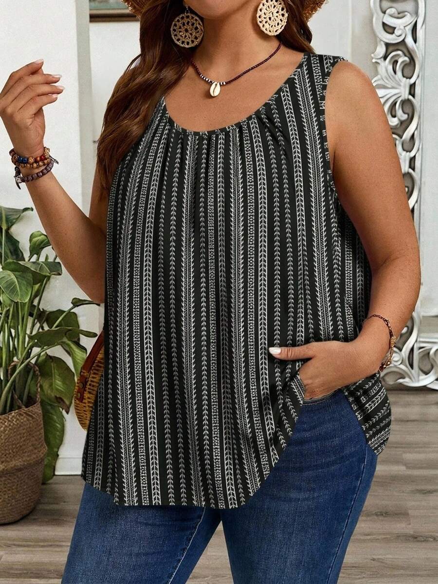 EMERY ROSE Plus Size Women's Black And White Round Neck Pleated Loose Tank Top, Suitable For Spring And Summer Vacation Boho - Multicolor - View 1