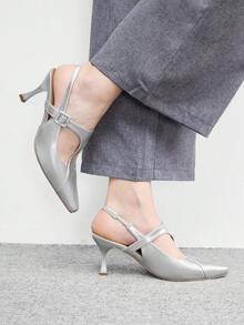 CUCCOO BIZCHIC Women's Pointed Stiletto, Stylish, Simple, Breathable And Comfortable, Daily Parties And Banquets Use Slip-On To Reveal The Heel Of Shoes - Silver - View 3