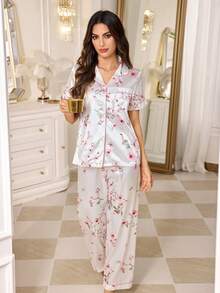 LuxeNights Elegant Floral Print Satin Front Button Patch Pocket Short Sleeve Long Pants Women's Pajama Set Loungewear - White - View 7
