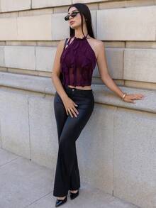 Andrea Bello New Sexy Backless Lace-Up Design Crop Top, Purple Elegant Multi-Layered Ruffle Decor Halter Backless Vest, Spring/Summer Women Summer Outfits Tops For Ladies Crop,Summer Top - Purple - View 4