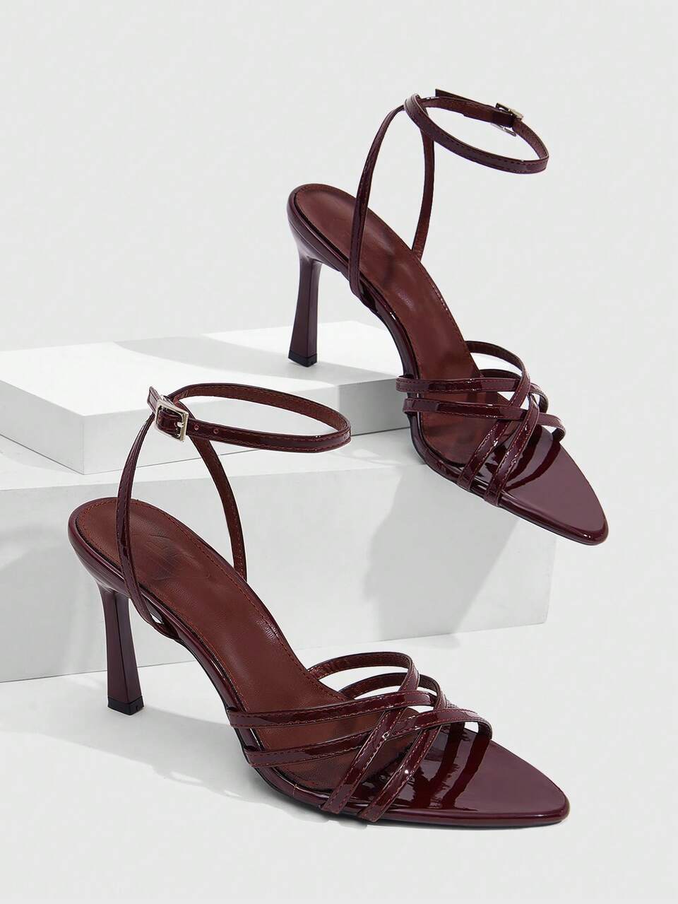 CUCCOO SZL Patent Leather Multi-Strap Pointed Stiletto Sandals, Ankle Buckle Design, Nightclub Dating Slim High Heels