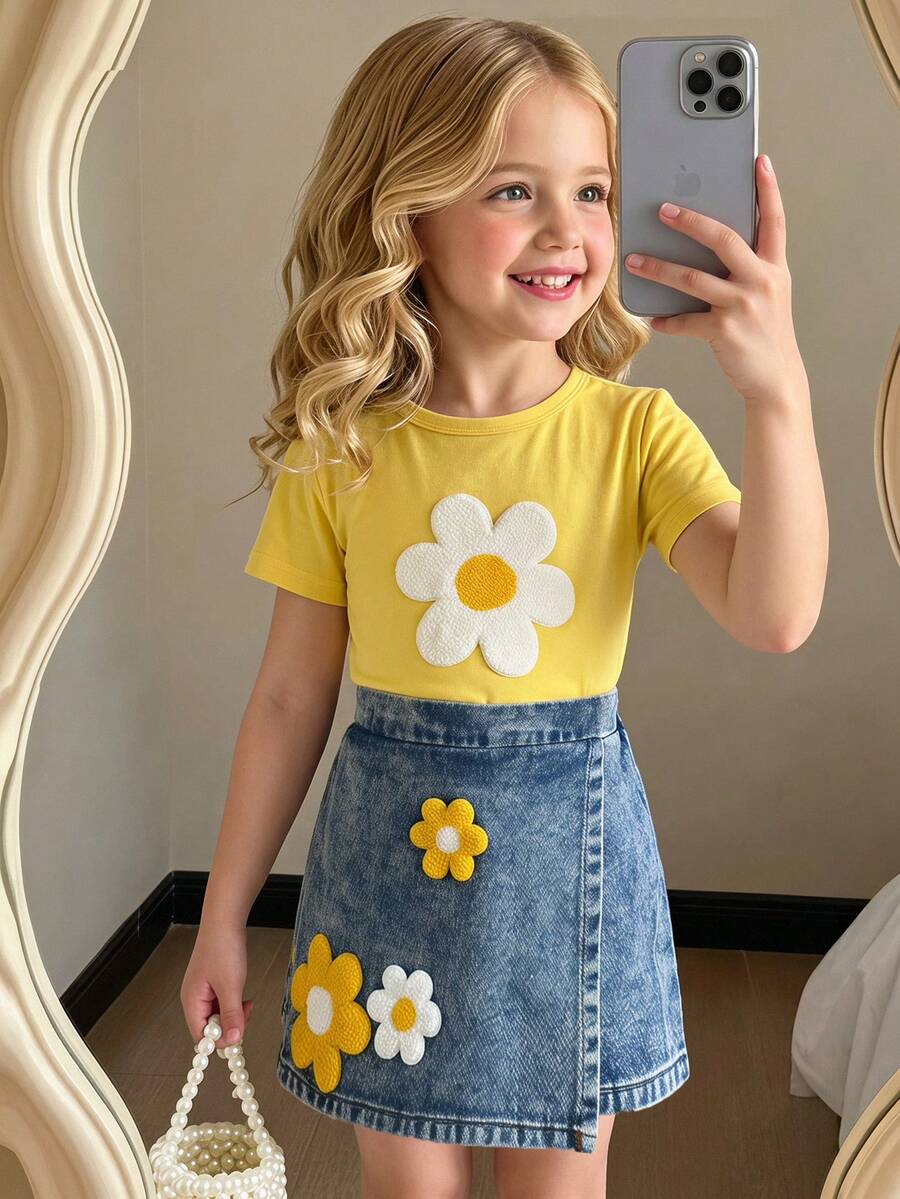 SHEIN Playful Pals 返校季女童休閒可愛圓領標準肩寬毛巾繡向日葵T恤與純色牛仔裙套裝,夏季 - 黃色 - 查看 1