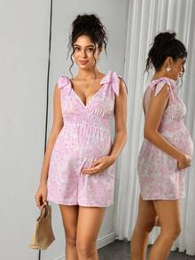 Momance Mono de maternidad con tirantes de hombro y cuello halter con estampado floral - Púrpura malva - Ver 2
