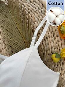 SHEIN PETITE French Gentle Style Front Tie Ruffle Trim Spaghetti Strap Slim Fit Flattering Tank Top - White - View 4