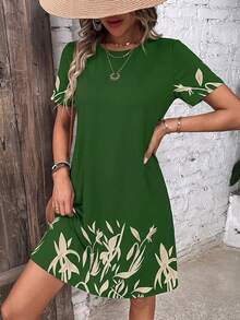 EMERY ROSE Women Plant Print Short Sleeve Round Neck Dress - Green - View 5