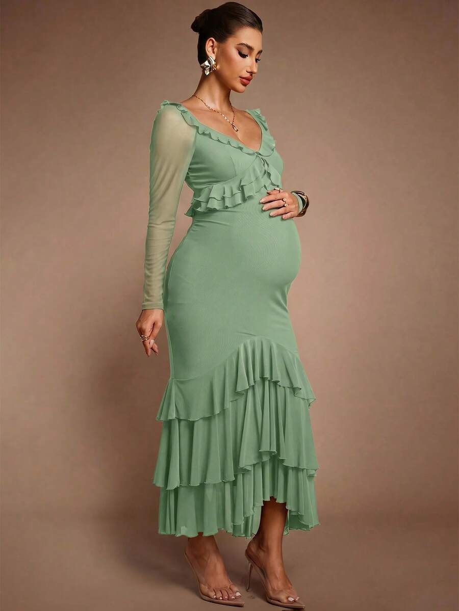 MaterniChic Maternity Solid Color Patchwork Ruffle Long Sleeve Elegant Dress - Green - View 1