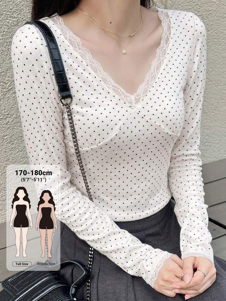 Dazy Tall 女款高個子長袖圓點蕾絲拼接休閒T恤,適合高個女孩 - 黑與白 - 查看 1
