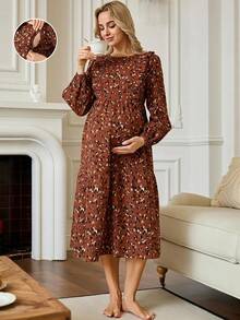 Slowluna Maternity Casual All-Over Print Ruffle Hem Nursing Dress Fall - Red - View 8