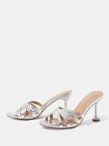 CUCCOO HITCHD Women's Retro New Rhinestone Hollow Open-Toed Round Toe Sexy Stiletto Sandals, Elegant Temperament, Fashionable And Comfortable High-End Slippers - Silver - View 3