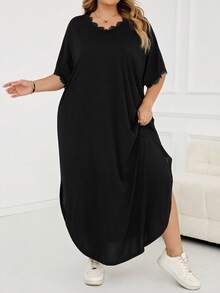 SHEIN CURVE+ 大尺碼女款春夏新款時尚通勤休閒口袋設計開衩長款袍裙 - 黑色 - 查看 7