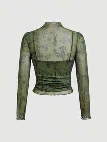 SHEIN MOD Plus Size Women's Stand Collar Floral Print Pleated Slim Fit Versatile Daily Wear Top Fall - Green - View 5