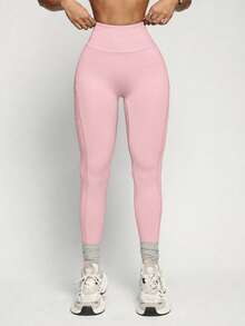SHEIN Sports 女款純色高腰口袋內搭褲 - 粉色 - 查看 6