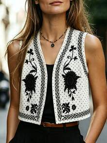 Modelyn Women's Autumn Beach Music Vacation Floral Polka Dot Print Lightweight Vest Jacket White Boho Vintage - White - View 4