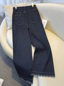 GlowEve Casual Dark Blue Washed Lace Trim Straight Leg Slim Fit Daily Wear Jeans For Women School Summer - Blue - View 2