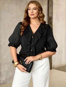 Roveilla Plus Size Women's Elegant Black Open Front Blouse With Large Ruffle Trim, Chiffon Patchwork Mid-Sleeve, Commute Formal Dinner Office Exquisite Red Top - Black - View 2