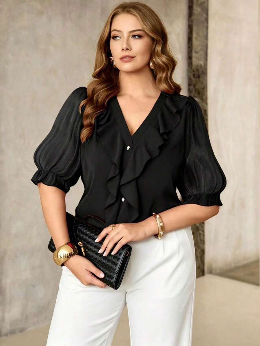 Roveilla Plus Size Women's Elegant Black Open Front Blouse With Large Ruffle Trim, Chiffon Patchwork Mid-Sleeve, Commute Formal Dinner Office Exquisite Red Top