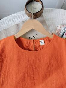 SHEIN 兒童青少年女孩 T-shirt 套裝 梭織純色短袖上衣 碎花長褲休閒套裝 - 鏽棕色 - 查看 7