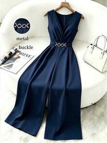 GlowEve CURVE Plus Size Women's Elegant Solid Color V-Neck Sleeveless Gold Decor Waist Buckle Cinched Waist Wide Leg Jumpsuit, Suitable For Spring/Summer Commute And Daily Wear - Navy Blue - View 5