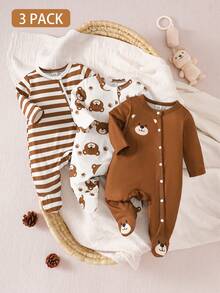 SHEIN Newborn Bear Striped Print Romper - Brown - View 1