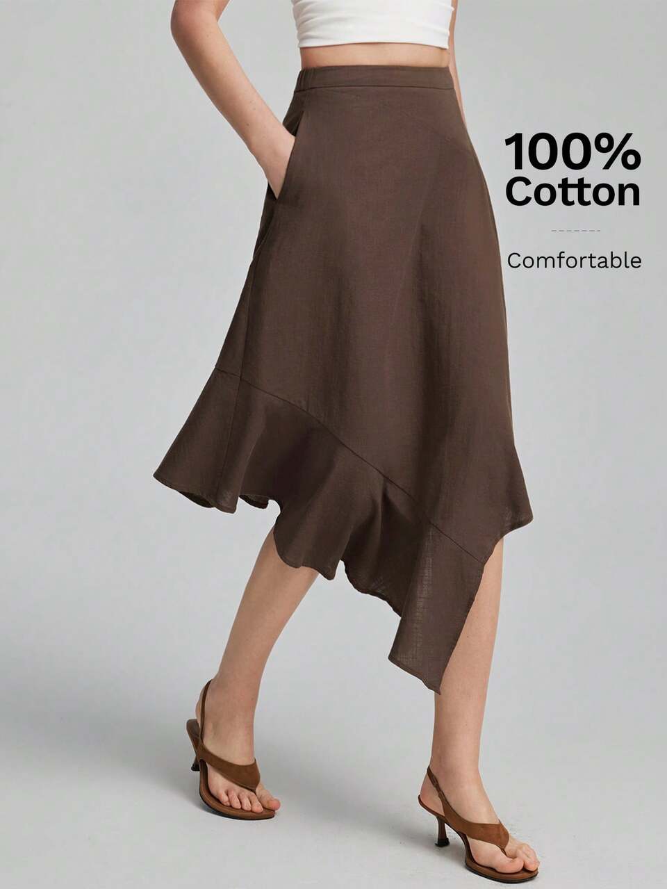 2026 New Autumn Women's Loose Fit Dark Brown A-Line Woven Fabric Ruffle Trim Patchwork Design Casual Commute Urban Modern Minimalist Elegant Tea Party