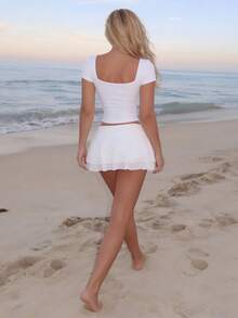Turnttoni Ultra Low Waist Ruched Multilayer Ruffle Trim Elegant Super Short Textured Chiffon Skirt White - White - View 3