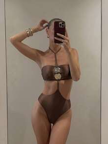 Swim Vcay 2026 Women's Elegant Vacation One-Piece Swimsuit, Halter Neck Design With Front Trim Decoration, Suitable For Back To School Season, Graduation Season, Beach And Vacation Wear - Coffee Brown - View 4