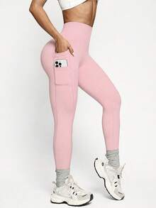 SHEIN Sports 女款純色高腰口袋內搭褲 - 粉色 - 查看 3