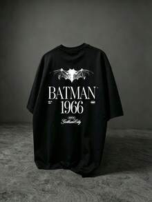 BATMAN X SHEIN Sport MetroGents 男士卡通印花短袖寬鬆運動T恤，健身房穿著 - 黑色 - 查看 2