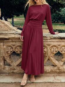 BizChic Vestido largo color burdeos con cintura ceñida, hombros descubiertos y cuello cuadrado, estilo formal de negocios, estilo de vacaciones, chic relajado, cita nocturna, uso diario, vacaciones, fiesta, invitada de boda, Día de la Independencia, temporada de graduación, festival de música, estilizante, elegante, versátil, verano, trayecto, oficina, salida, playa, reunión, social, vacaciones, compras, té de la tarde, viaje, lujo ligero, minimalista - Marrón - Ver 3